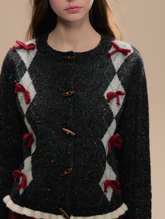 Dark Gray Floral Knit Horn Button Sweater